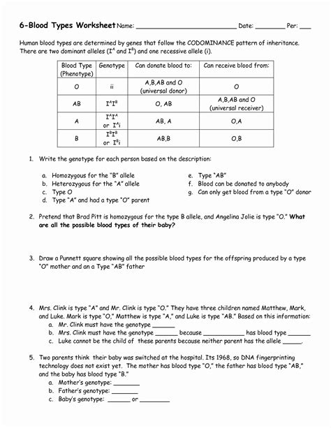 blood type and inheritance worksheet