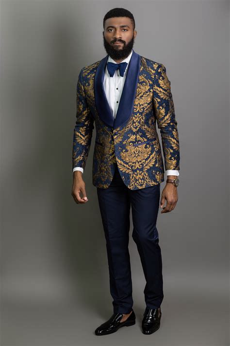 2015 Navy Blue Blazers Men's Slim Fit Gold Floral Patterned Suits Blazer Masculino Paleto Terno