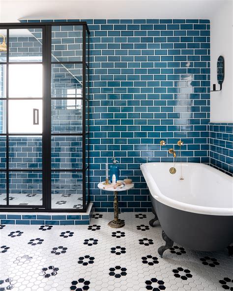 Small Bathroom Ideas Blue hexagon tile with white tiled walls