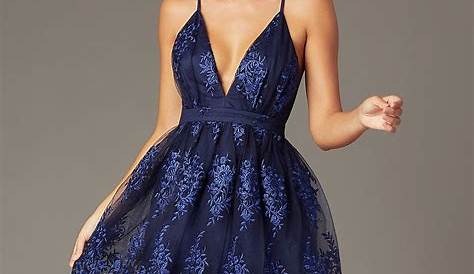 Blue Hoco Dress Short ToneonTone Embroidered In Navy