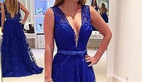 Blue Lace Applique Prom Dress Light Tulle V Neck Aline Long