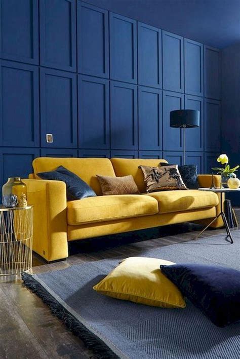 Famous Blue Sofa With Yellow Pillows For Living Room