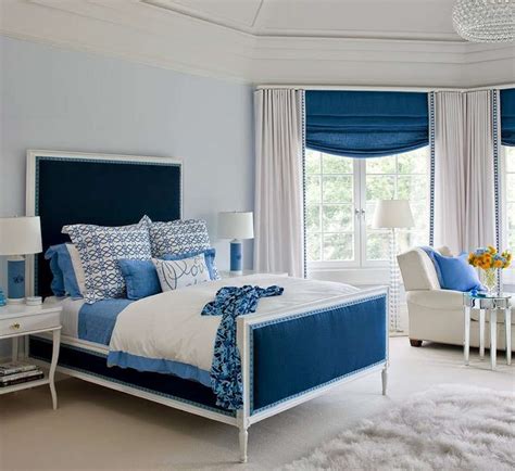 blue and white bedroom with clean lines