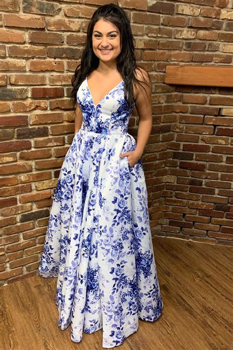 blue and white floral prom dress