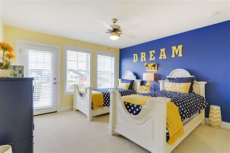 Blue bedroom with blue and yellow