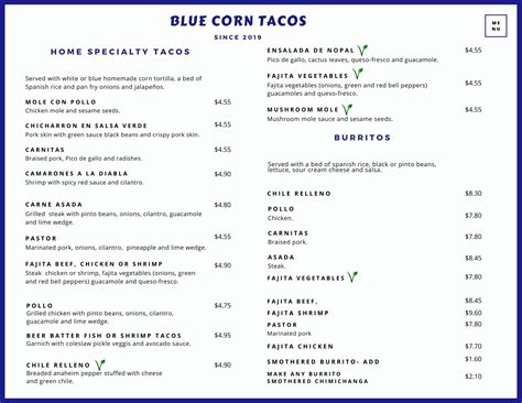 blue corn tacos menu