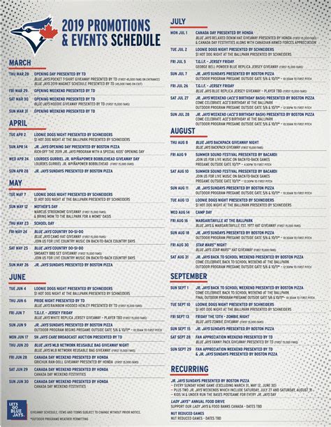 blue jays promotional schedule