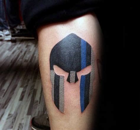 blue line spartan helmet tattoo
