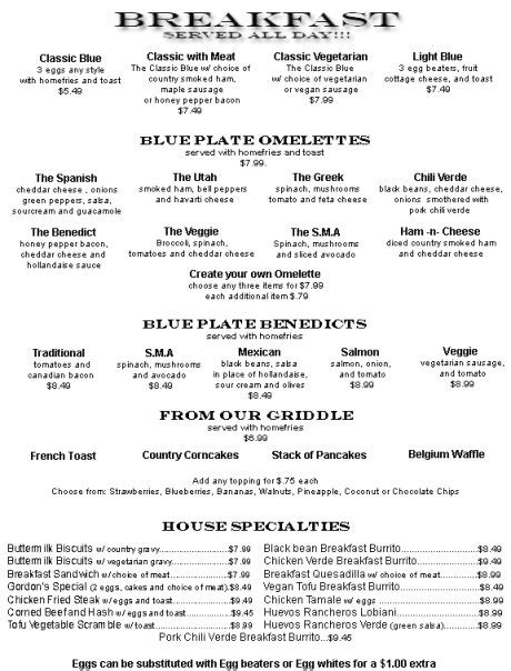Blue Plate Dinner Menu