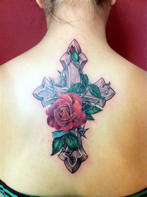 Awasome Blue Rose With Cross Back Tattoo Designs Ideas