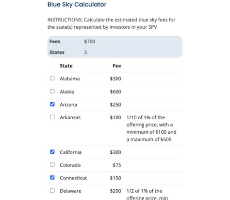 Blue Sky Fees By State