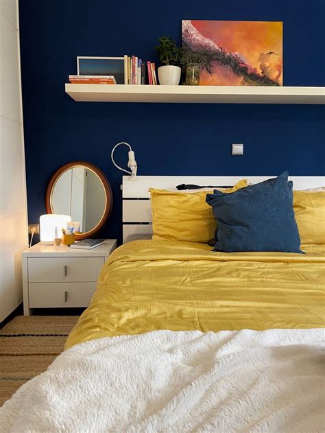 white bedroom with blue and mustard accents Eclectic home, Home