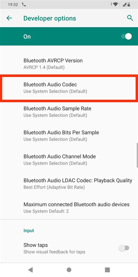 Pengaturan codec Bluetooth dan developer options