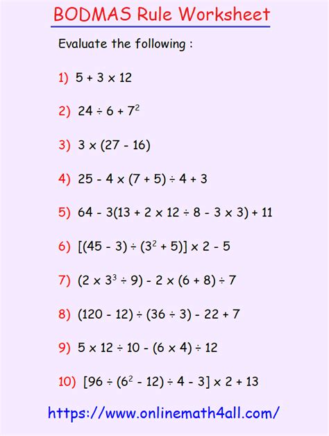 bodmas questions for class 7 with answers icse