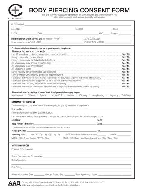 body piercing consent form template