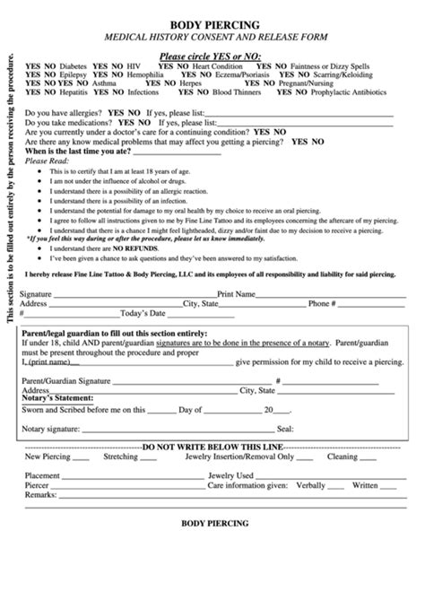 Body Piercing Release Form