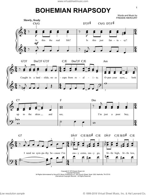 bohemian rhapsody piano sheet music easy free