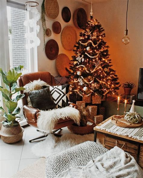 Boho Christmas Decor decorated for Christmas with black and white boho