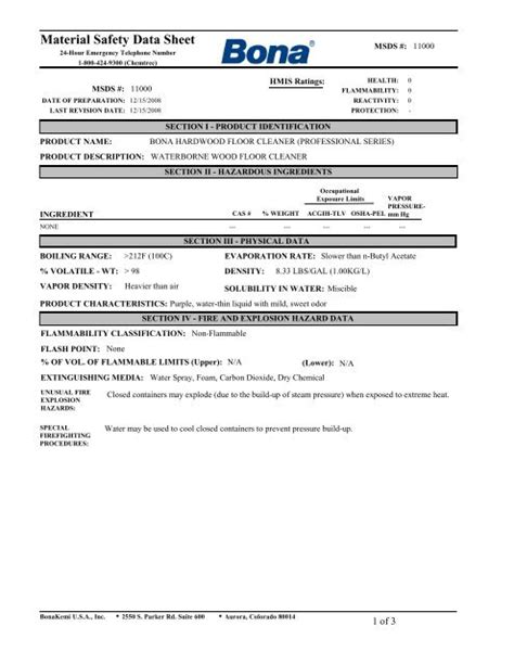 Bona Floor Cleaner Msds Sheet