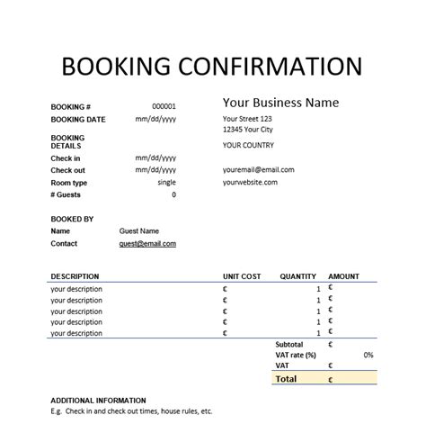 Free Booking Confirmation Template Print, Save or PDF