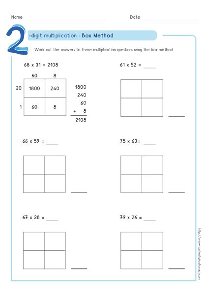 box method multiplication worksheet 2 digit by 1 digit