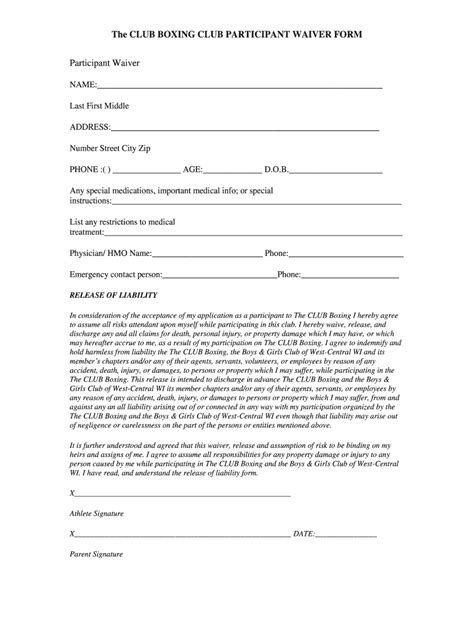 Boxing Liability Waiver Template