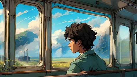 A boy looks out the window of a train