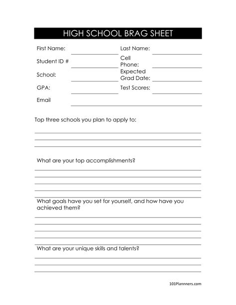 Brag Sheet Template High School