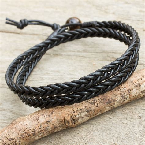 Men's Black Braided Leather Multicord Bracelet Stainless Steel Clasp
