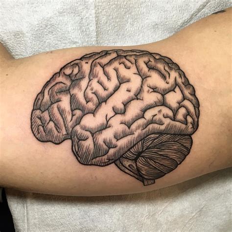 A tattoo of a brain with an on/off button and a phrase ‘And this is how