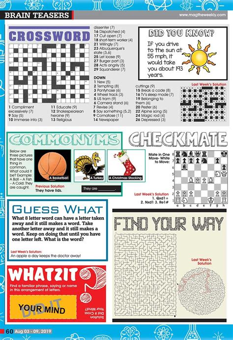 Example of brain teaser and crosswords.