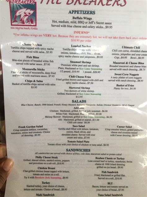 Breakers Pool Bar Menu