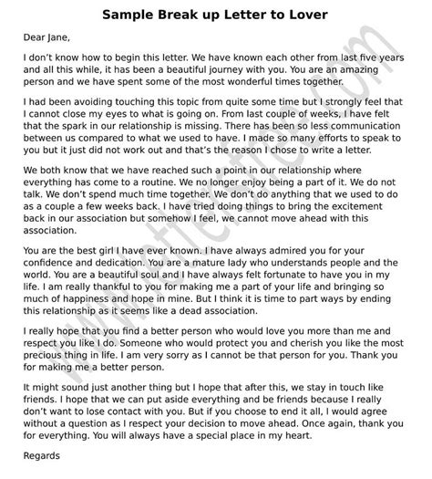 Sample Break up Letter to Lover Free Letters