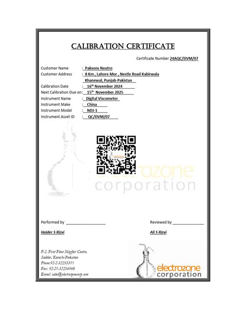 Brookfield Viscometer Calibration Certificate