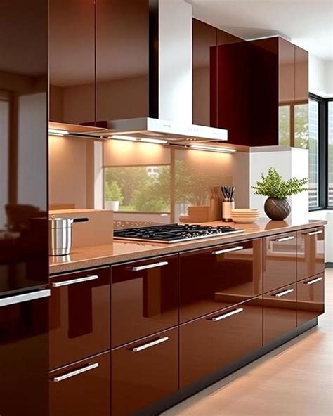 China Brown High Gloss Polyurethane Handless Kitchen Design Photos