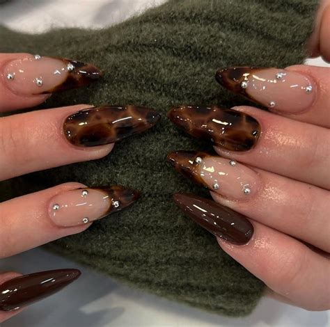 Brown Nails With Silver Gems