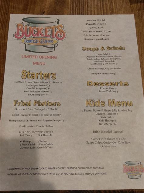 Buckets Lunch Menu