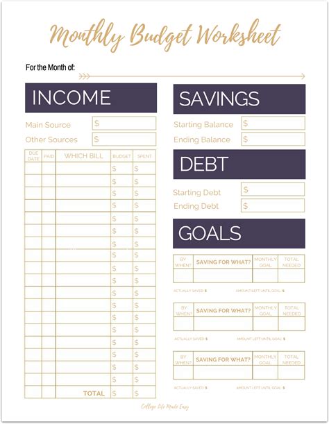 budget planner free printable worksheets