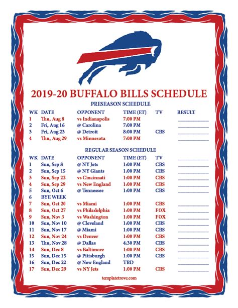 buffalo bills football schedule 2019 2020