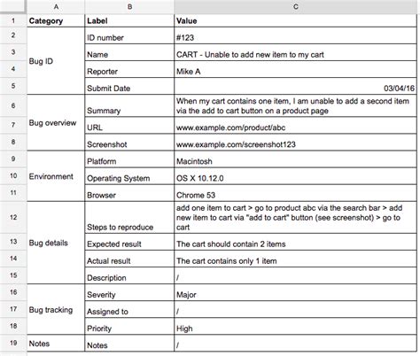 bug report in software testing template
