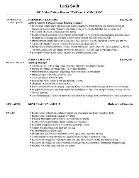 Building Manager Resume Sample Resumes Misc LiveCareer