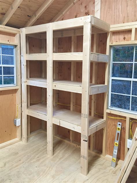 How to build storage shelves in a shed with 2x4 and plywood