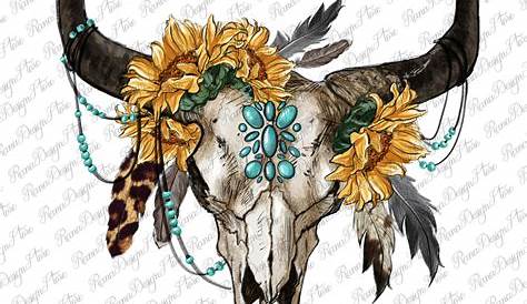 Hand Drawn Vector Illustration of Bull Skull with Feathers. Stock