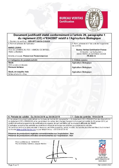 bureau veritas certification bio certificat