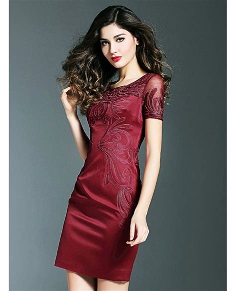 Simple Burgundy Cocktail Wedding Party Dress With Sleeves Embroidery