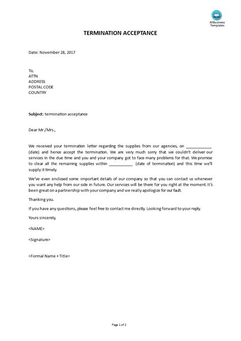 Best Termination Of Employment Contract Letter Word in
