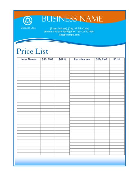 business price list template