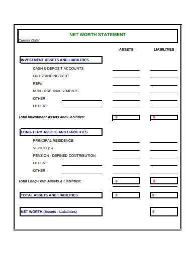 Business Net Worth Statement Template