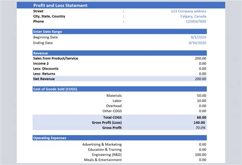 Profit Loss Template Free Database
