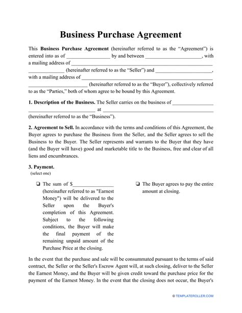 Business Purchase Agreement Template Doc